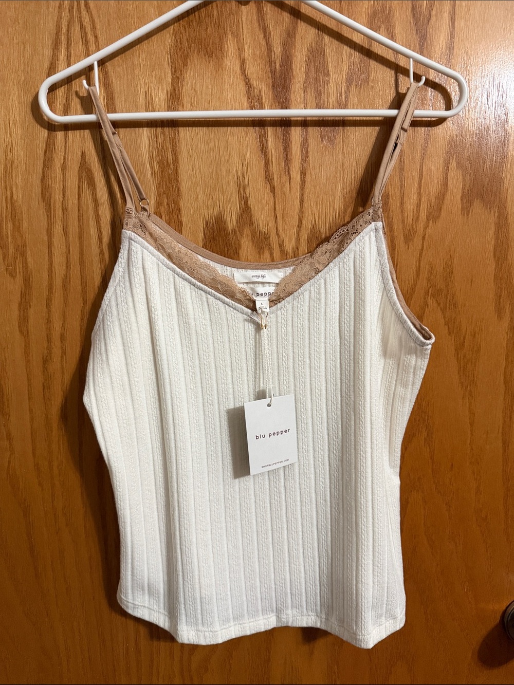 Blu Pepper Ivory Ribbed Cami with Tan Lace Trim